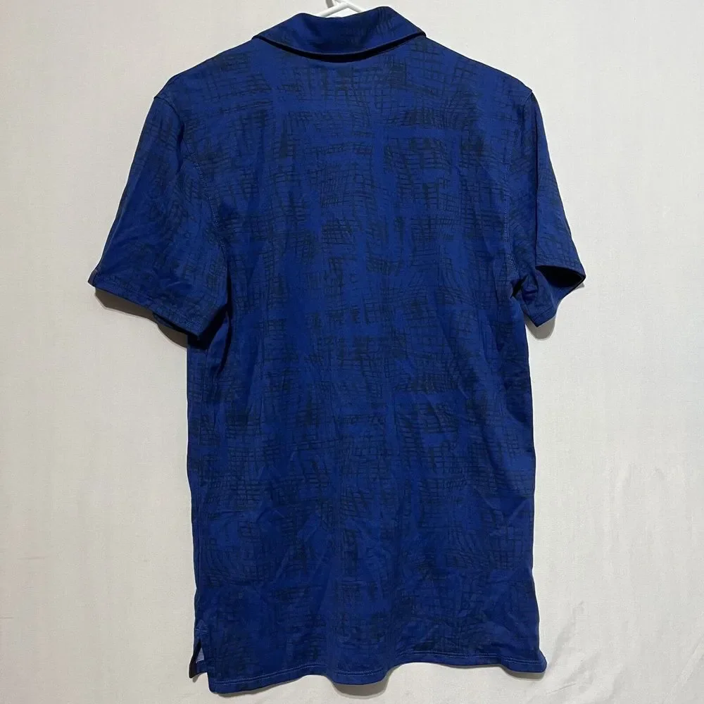 VRST Warped Check‎ Pique Polo Shirt Men's Small Navy Blue Stretch High Low Hem